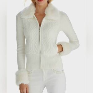 White House Black Market White Sweater with Faux Fur Trim